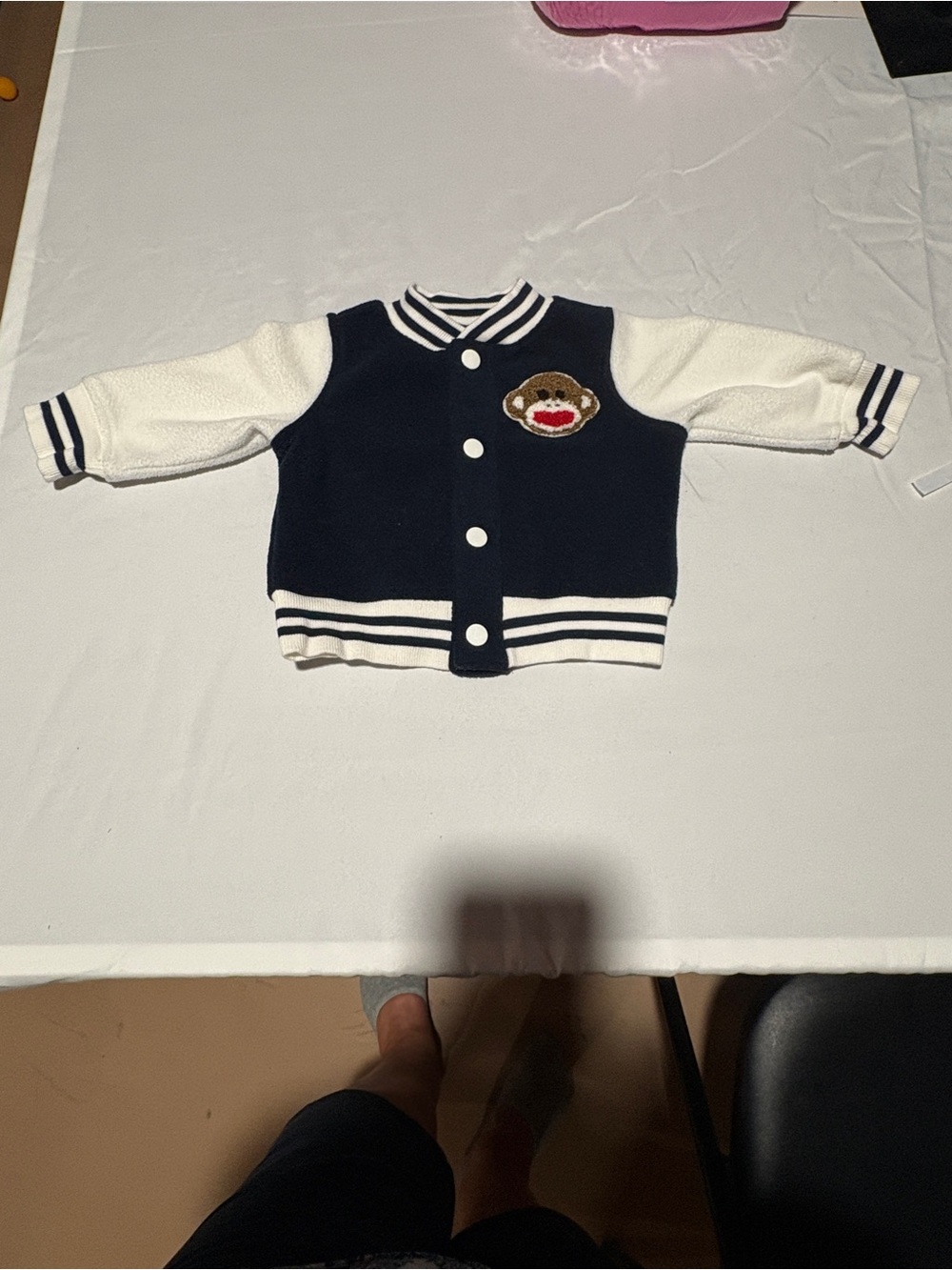 Baby Starters Baby Boys’ Sock Monkey Varsity Jacket – Navy & White – 6M